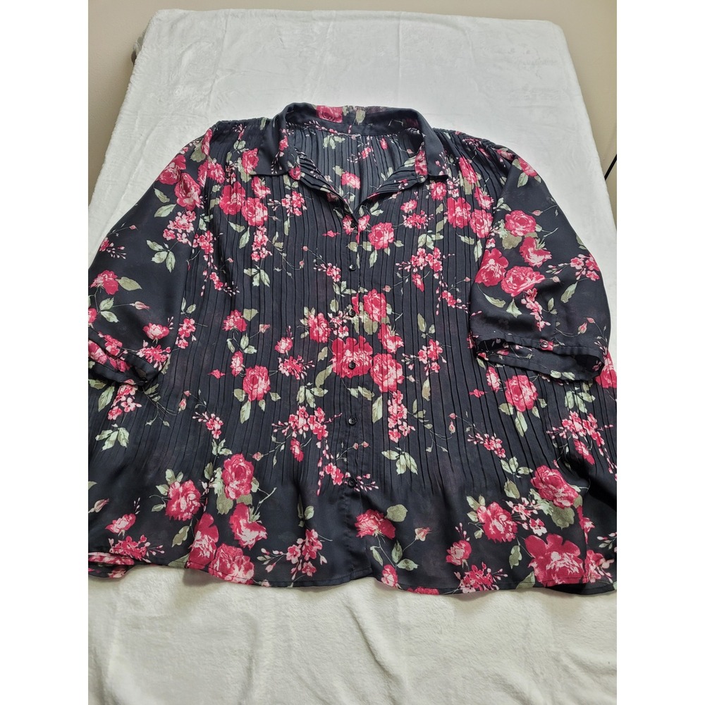 Unknown Floral Pintuck Blouse Women 3X Black Pink Short Sleeve Button